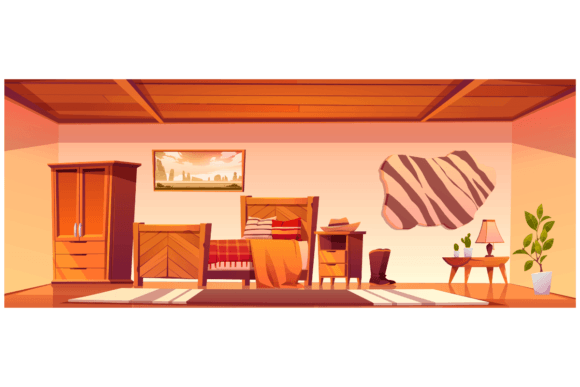 Download Cowboy Bedroom Interior with Bed, Wardrobe and Hat on Nightstand - Bedroom Collection