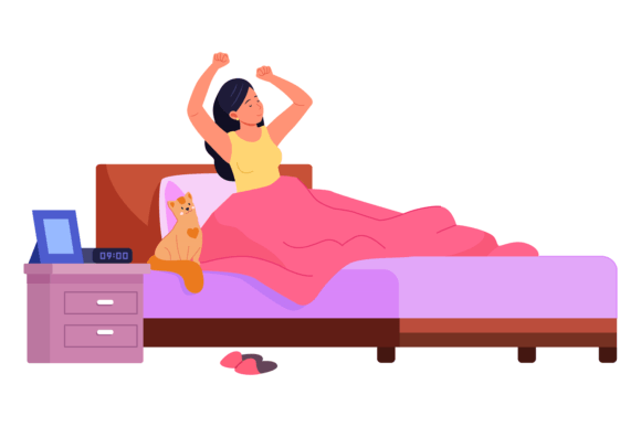 Download Woman Wake Up in Bedroom. Cat Sit in Bed - Bedroom Collection