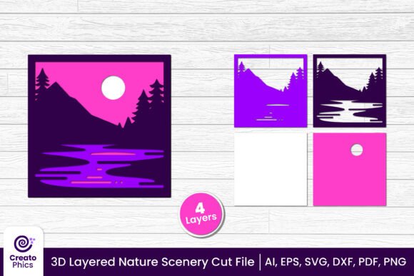 Download 3D Mountain Lake Scene Shadow Box Cut File - Premium Bundle